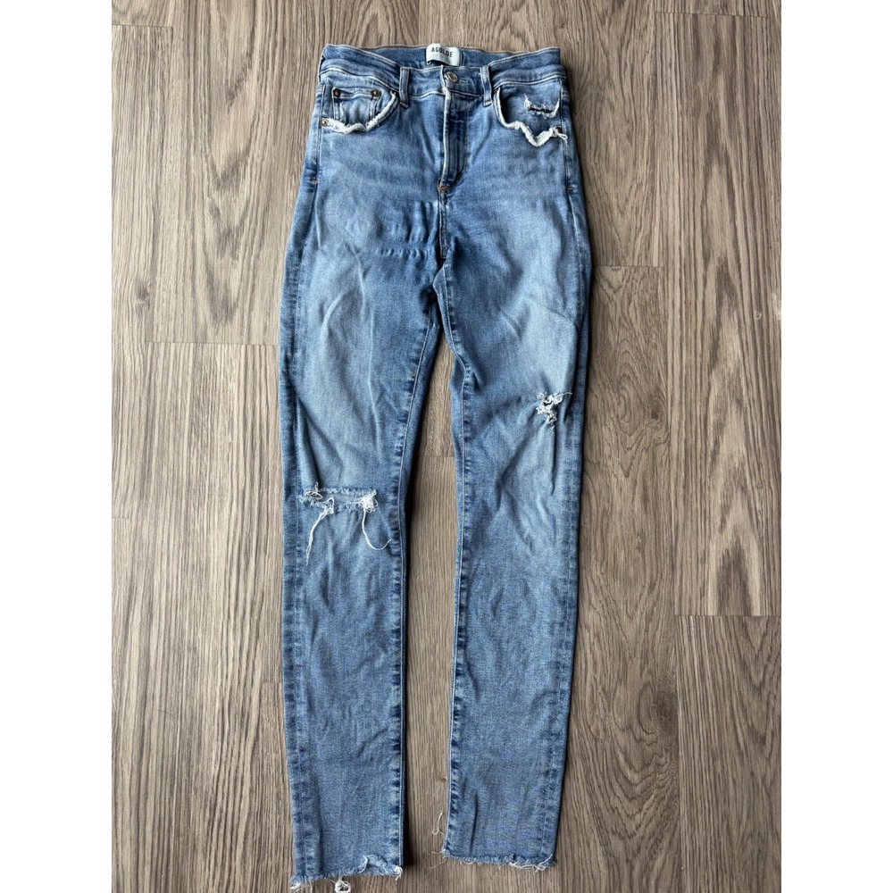 AGOLDE Womens High Rise Distressed Skinny Jeans Blue Size 26 Raw Hem